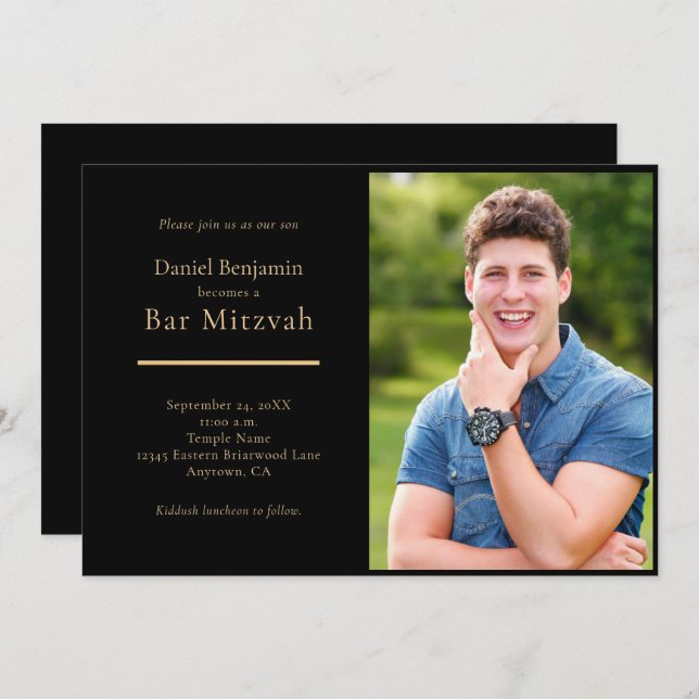 Elegant Black Gold Photo Bar Mitzvah Invitation (Front/Back)