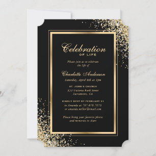 Elegant Black Gold Photo Celebration of Life Invitation