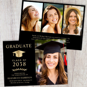 Elegant Black Gold Photo College Graduation Announcement