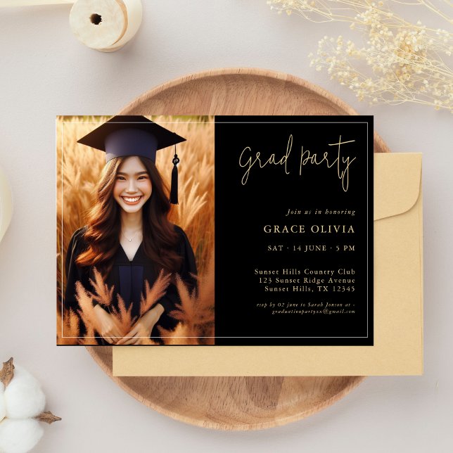 Elegant Black & Gold Photo Grad Party invitation (Creator Uploaded)