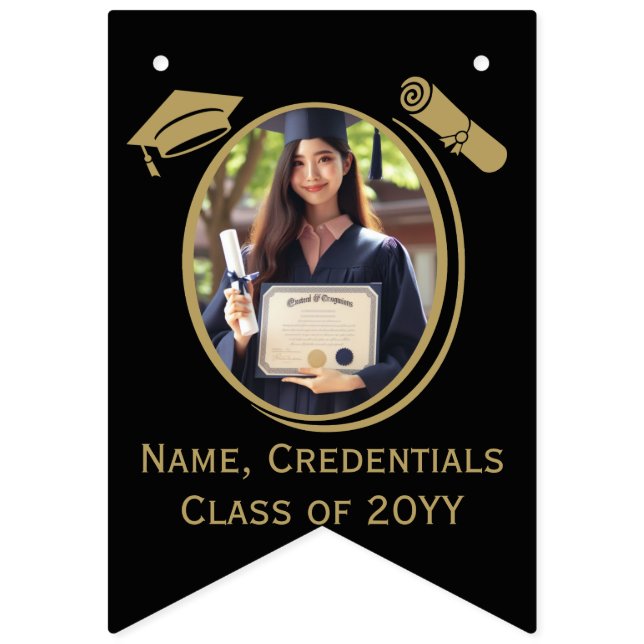 Elegant Black, Gold Photo Graduation Cap, Diploma Bunting (First Flag)