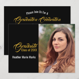 Elegant Black Gold Photo Graduation Celebration Invitation