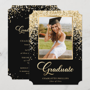 Elegant Black Gold Photo Graduation Party Invitation
