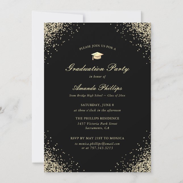 Elegant Black Gold Photo Graduation Party Invitation (Back)