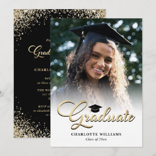 Elegant Black Gold Photo Graduation Party Invitation