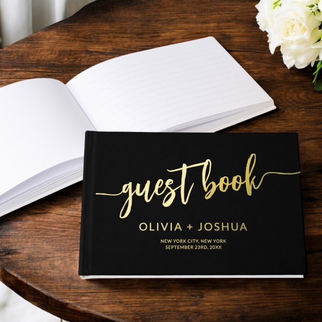 Elegant Black Gold Photo Minimalist Script Guest Book (Creator Uploaded)