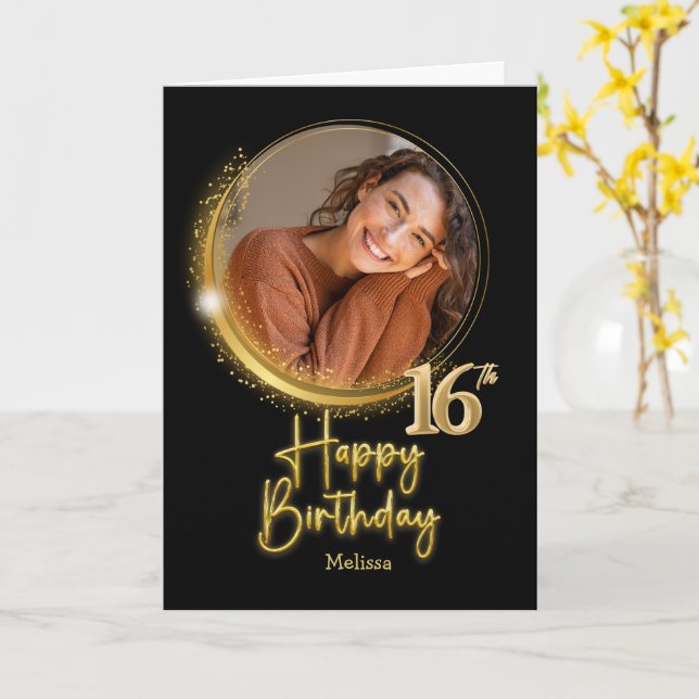 Elegant Black & Gold Photo Name 16th Birthday Card (Yellow Flower)