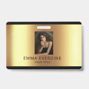 Elegant Black Gold Photo Name Title ID Badge