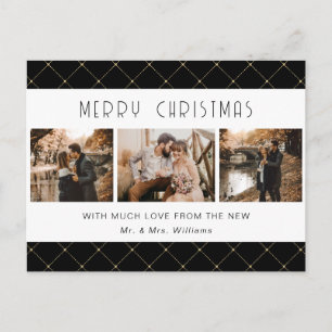 Elegant Black Gold Photo Newlywed Holiday Postcard