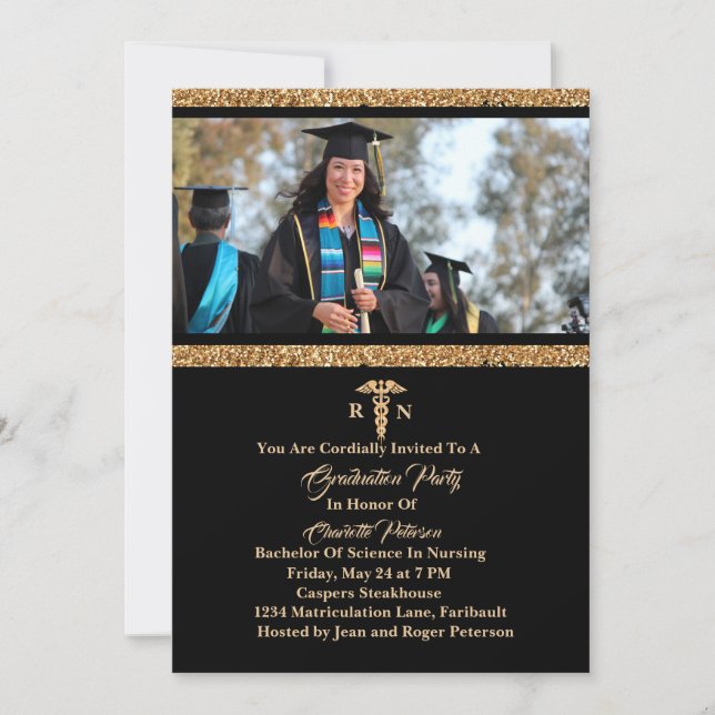 Elegant Black & Gold Photo Nurse Graduation Party Invitation (Front)