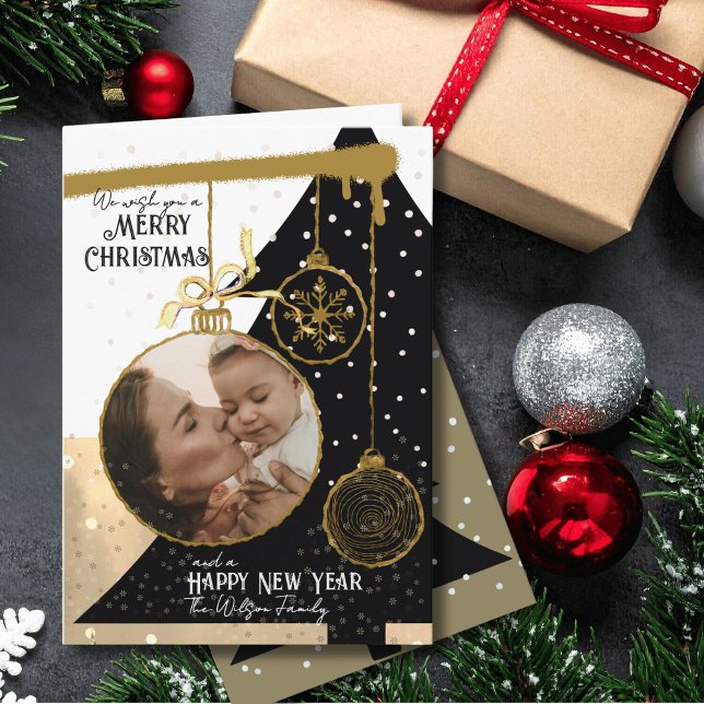 Elegant Black & Gold Photo Ornament Christmas Card (Elegant Black & Gold Photo Ornament Christmas Card)