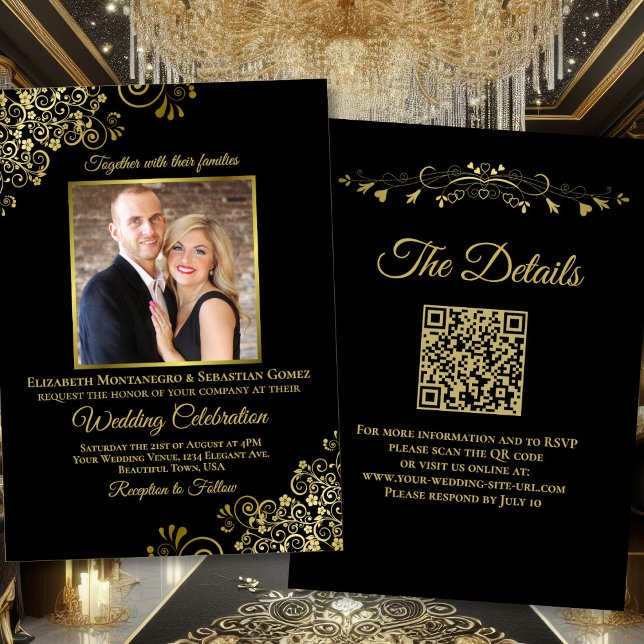 Elegant Black & Gold Photo & QR Code Wedding Invitation (Front/Back)