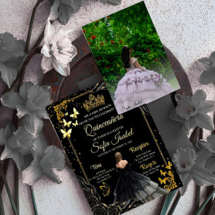 Elegant Black Gold Photo Quinceañera Invite