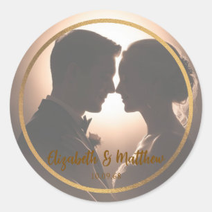Elegant Black & gold photo romantic wedding Classic Round Sticker