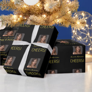 Elegant Black Gold Photo Script Name Wrapping Paper
