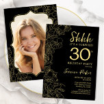 Elegant Black Gold Photo Surprise 30th Birthday Invitation<br><div class="desc">Elegant black and gold surprise 30th birthday party invitation with your photo on the back of the card. Trendy modern feminine design features botanical accents and typography script font. Simple floral invite card perfect for a stylish female surprise bday celebration. Can be customised to any age. Printed Zazzle invitations or...</div>