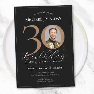Elegant Black Gold Photo Surprise 30th Birthday Invitation