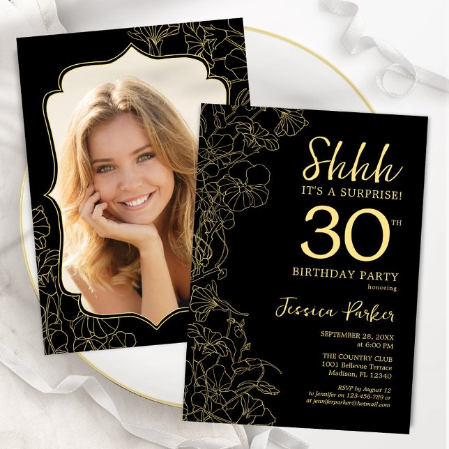 Elegant Black Gold Photo Surprise 30th Birthday Invitation (Creator Uploaded)