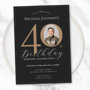 Elegant Black Gold Photo Surprise 40th Birthday Invitation