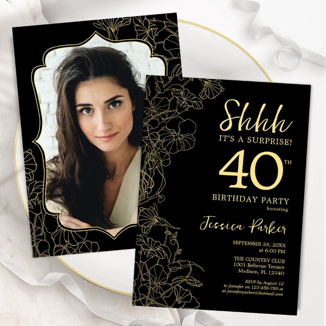 Elegant Black Gold Photo Surprise 40th Birthday Invitation (Creator Uploaded)