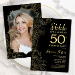 Elegant Black Gold Photo Surprise 50th Birthday Invitation<br><div class="desc">Elegant black and gold surprise 50th birthday party invitation with your photo on the back of the card. Trendy modern feminine design features botanical accents and typography script font. Simple floral invite card perfect for a stylish female surprise bday celebration. Can be customised to any age. Printed Zazzle invitations or...</div>
