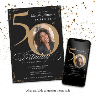 Elegant Black Gold Photo Surprise 50th Birthday  Invitation