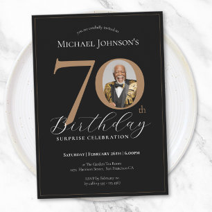Elegant Black Gold Photo Surprise 70th Birthday Invitation