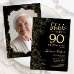 Elegant Black Gold Photo Surprise 90th Birthday Invitation<br><div class="desc">Elegant black and gold surprise 90th birthday party invitation with your photo on the back of the card. Trendy modern feminine design features botanical accents and typography script font. Simple floral invite card perfect for a stylish female surprise bday celebration. Can be customised to any age. Printed Zazzle invitations or...</div>
