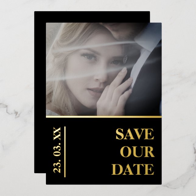 Elegant Black Gold Photo Wedding Save the Date (Front/Back)