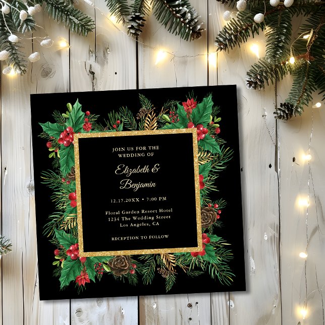 Elegant Black Gold Pine Greenery Christmas Wedding Invitation (Creator Uploaded)