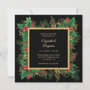Elegant Black Gold Pine Greenery Christmas Wedding Invitation