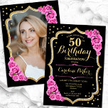 Elegant Black Gold Pink Photo 50th Birthday Invitation<br><div class="desc">Elegant floral 50th birthday invitation with your photo at the back of the card. Glam black and pink design with faux glitter gold. Features pink roses, script font and confetti. Perfect for a stylish adult bday celebration party. Personalise with your own details. Can be customised for any age! Printed Zazzle...</div>