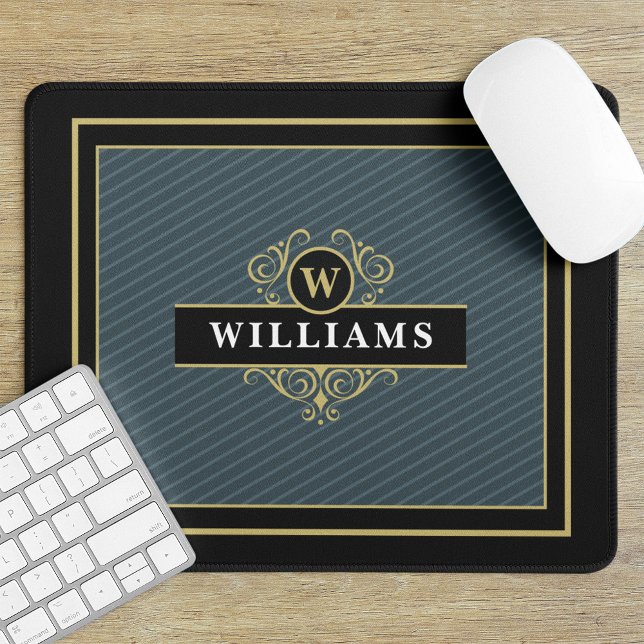 Elegant Black Gold Pinstripe Monogram Mouse Pad (Creator Uploaded)