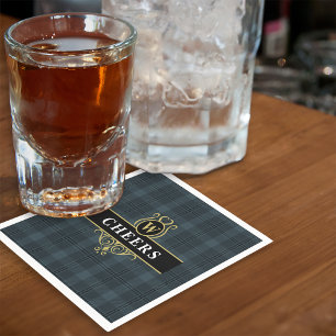 Elegant Black Gold Plaid Monogram Initial Napkin