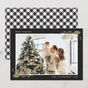 Elegant Black Gold Plaid Photo Christmas Card