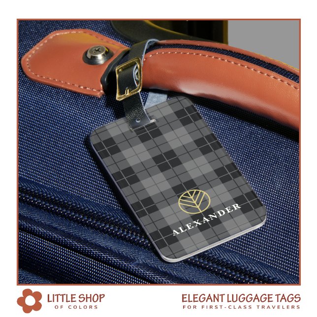 Elegant Black Gold Plaid Tartan Monogram Luggage Tag (Creator Uploaded)