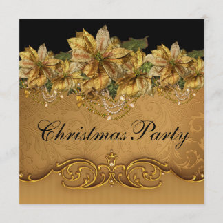 Elegant Black Gold Poinsettia Gold Christmas Party Invitation