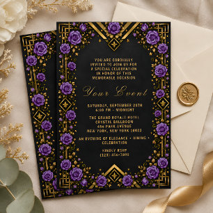 Elegant Black Gold Purple Rose Invitation