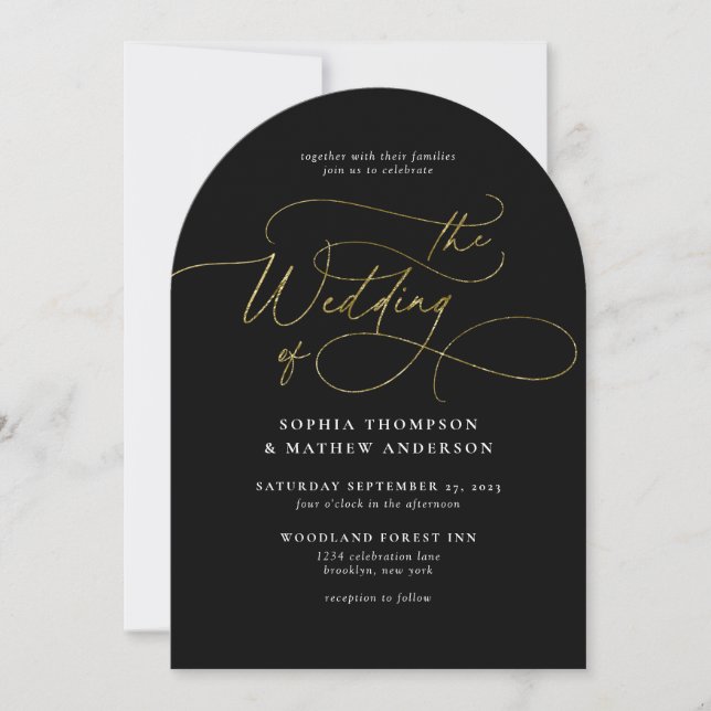 Elegant Black Gold QR Code All in one Arch Wedding Invitation (Front)
