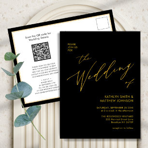 Elegant Black Gold QR Code All In One Chic Wedding Invitation Postcard