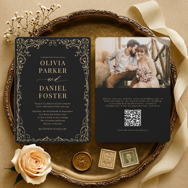 Elegant Black Gold QR Code Photo Wedding Invitation (Creator Uploaded)