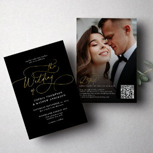 Elegant Black Gold QR Code Rsvp Photo Wedding Invitation