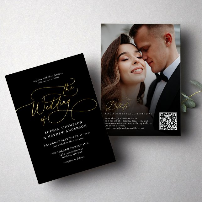 Elegant Black Gold QR Code Rsvp Photo Wedding Invitation (Creator Uploaded)