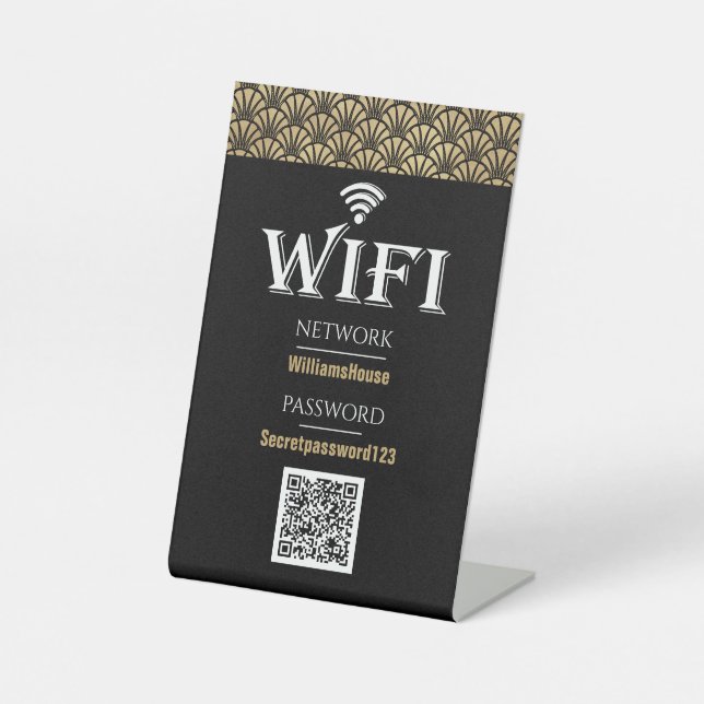 Elegant Black Gold QR Code Wifi Password Network Pedestal Sign (Front)