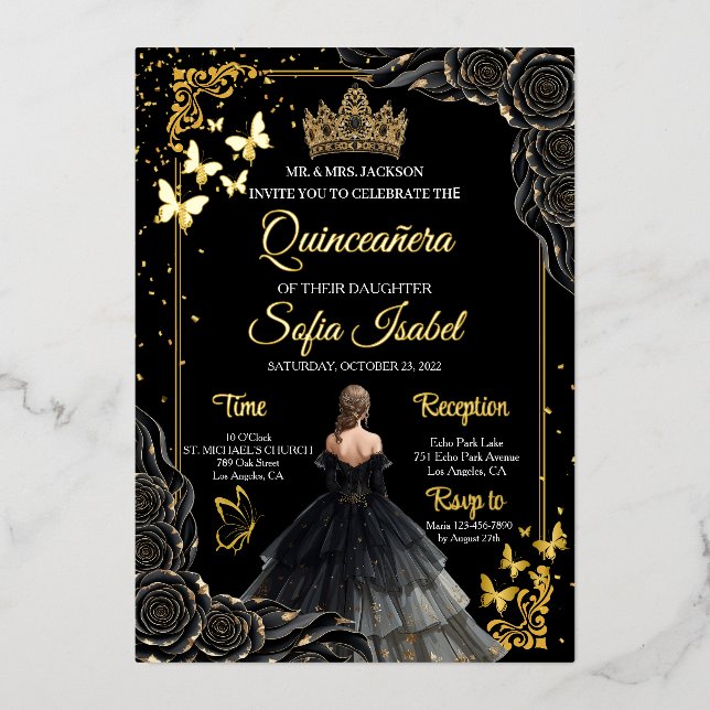 Elegant Black Gold Quinceañera Invite Foil (Front)