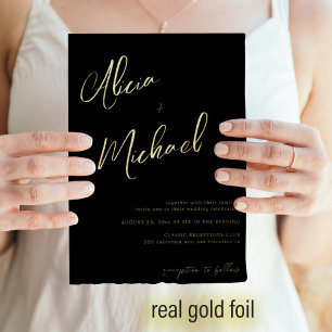 Elegant black gold real foil script wedding
