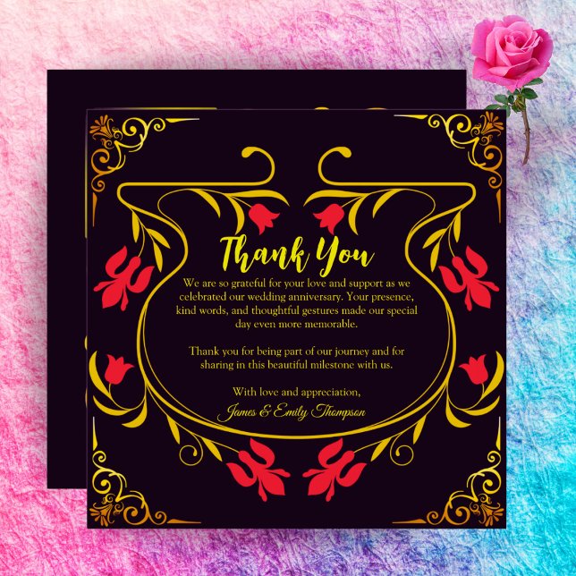 Elegant Black Gold & Red 10th Wedding Anniversary  Thank You Card (Creator Uploaded)