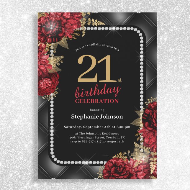 Elegant Black Gold Red Floral 21st Birthday Party Invitation (Mockup View)