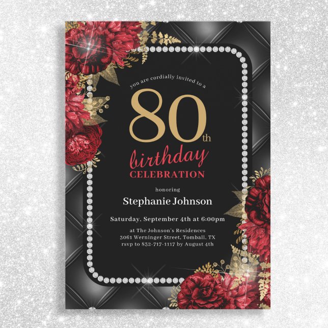 Elegant Black Gold Red Floral 80th Birthday Party Invitation (Mockup View)
