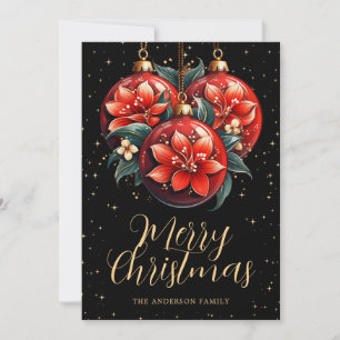 Elegant Black Gold Red Floral Christmas Ornaments Holiday Card